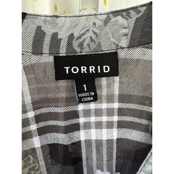 Torrid Emma Sheer Floral Plaid Chiffon Mandarin Collar Tunic Babydoll Blouse 1X - Picture 6 of 10